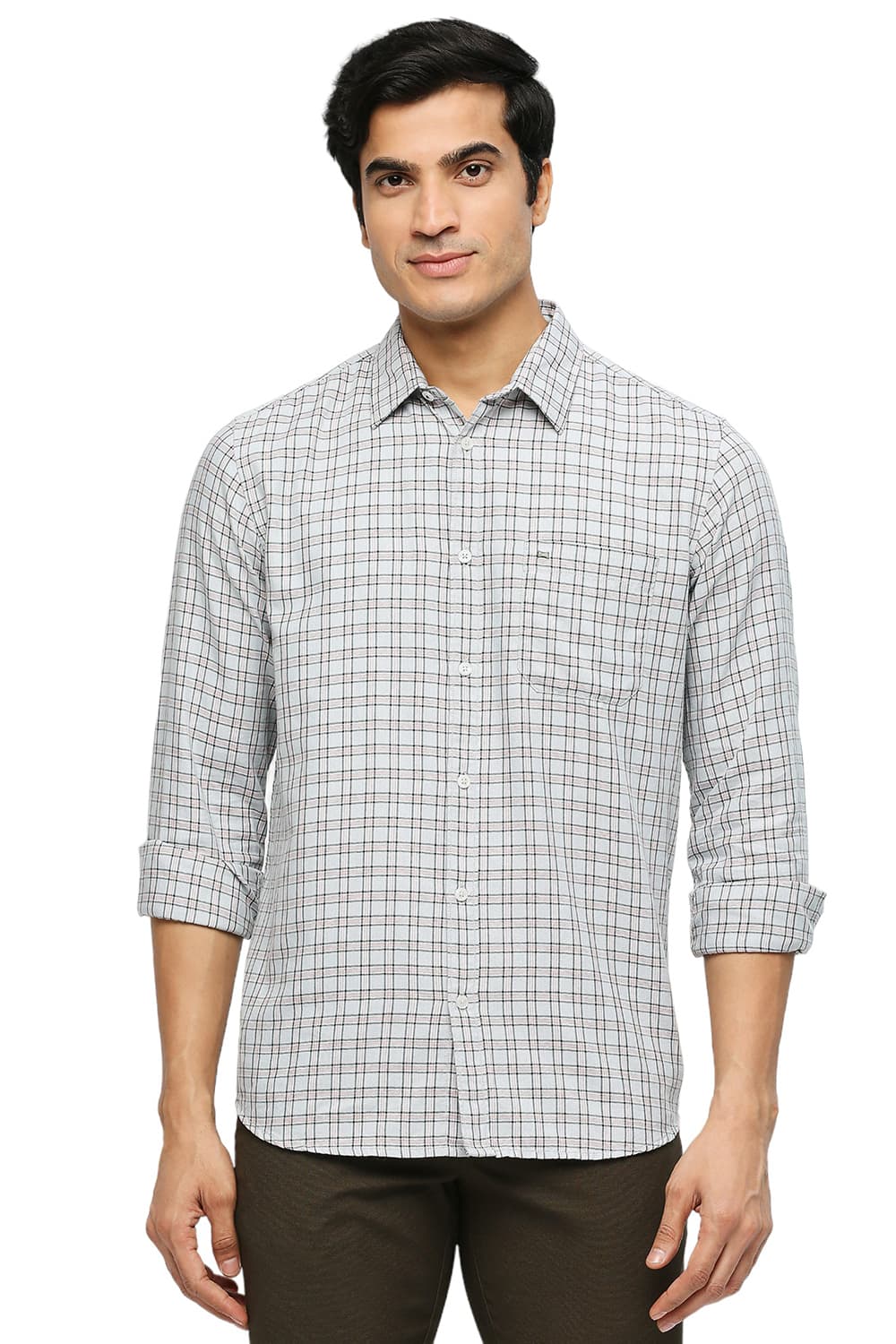 BASICS SLIM FIT COTTON POLYESTER TWILL CHECKS SHIRT