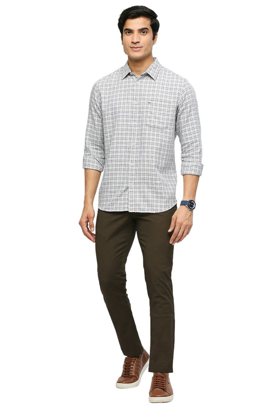 BASICS SLIM FIT GLACIER GREY COTTON POLYESTER TWILL CHECKS SHIRT