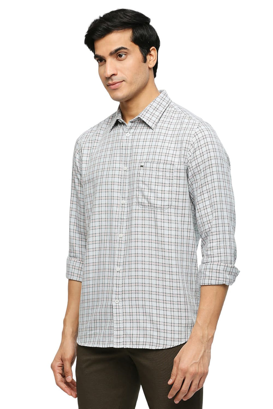 BASICS SLIM FIT GLACIER GREY COTTON POLYESTER TWILL CHECKS SHIRT