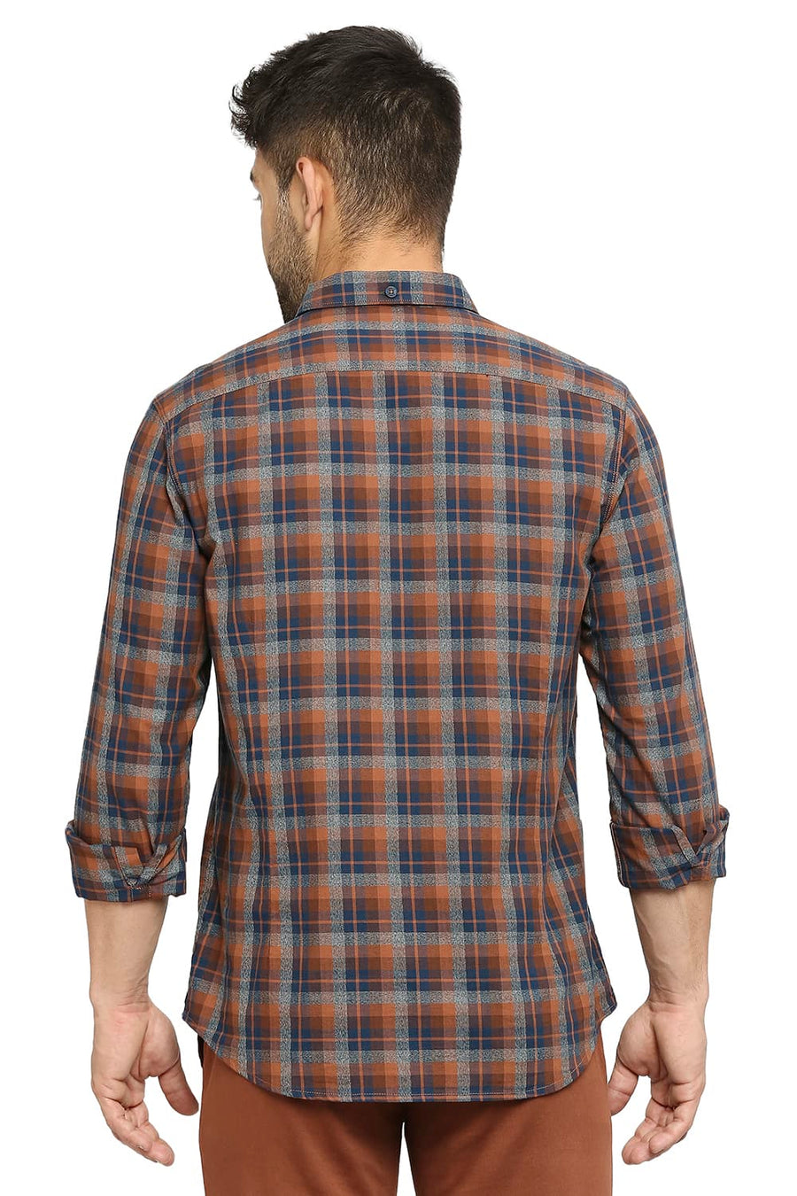 BASICS SLIM FIT DESERT PALM BROWN COTTON TWILL CHECKS SHIRT