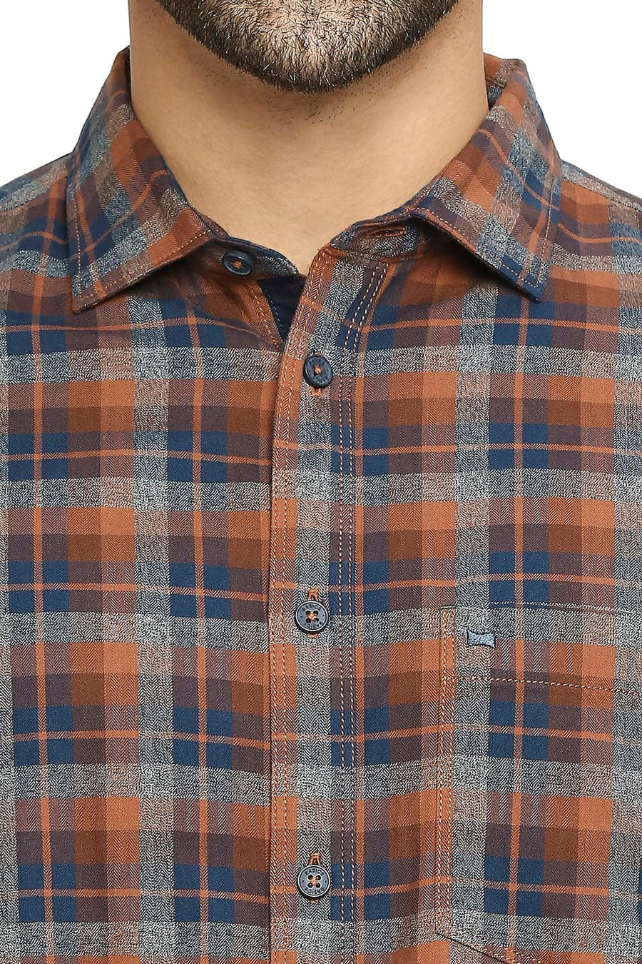 BASICS SLIM FIT DESERT PALM BROWN COTTON TWILL CHECKS SHIRT