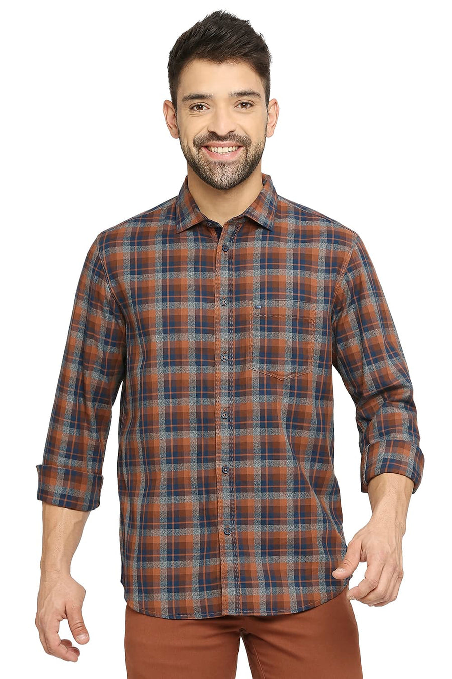 BASICS SLIM FIT DESERT PALM BROWN COTTON TWILL CHECKS SHIRT