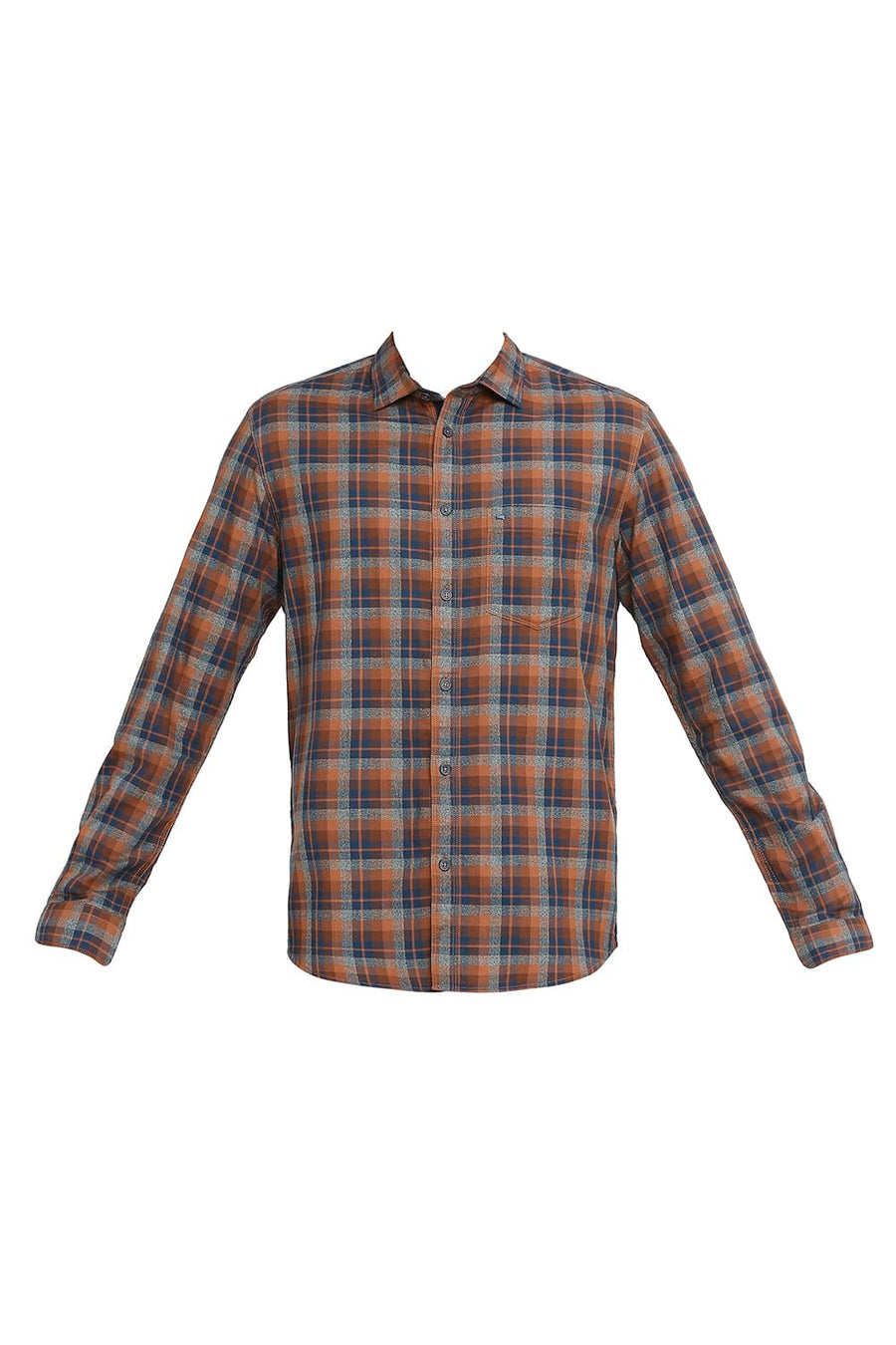 BASICS SLIM FIT DESERT PALM BROWN COTTON TWILL CHECKS SHIRT