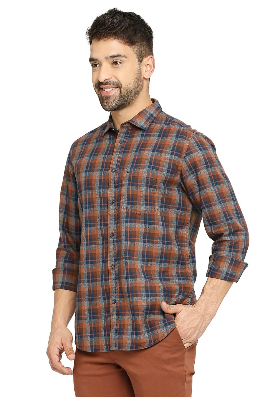 BASICS SLIM FIT DESERT PALM BROWN COTTON TWILL CHECKS SHIRT