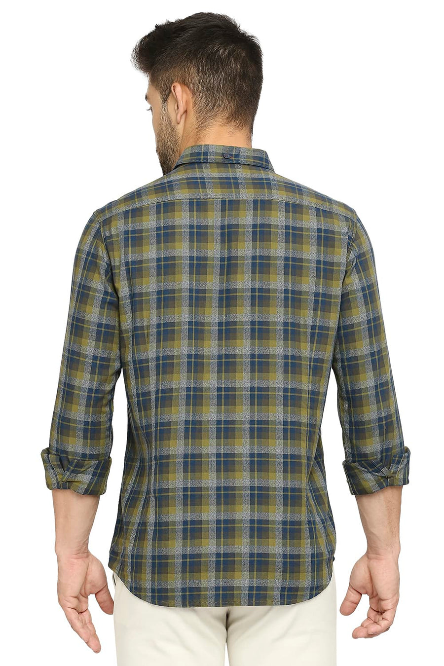 BASICS SLIM FIT LICHEN OLIVE COTTON TWILL CHECKS SHIRT