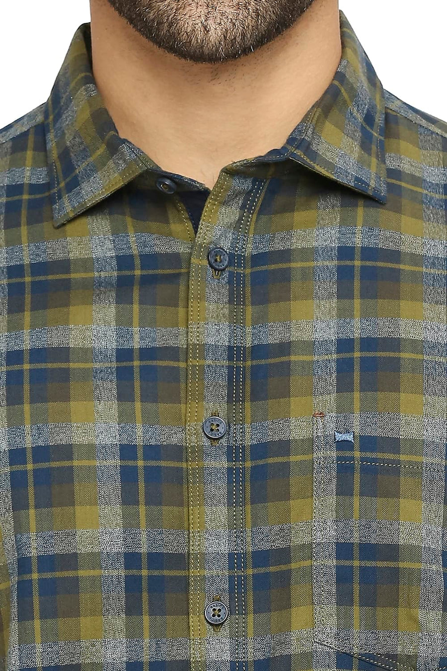 BASICS SLIM FIT LICHEN OLIVE COTTON TWILL CHECKS SHIRT