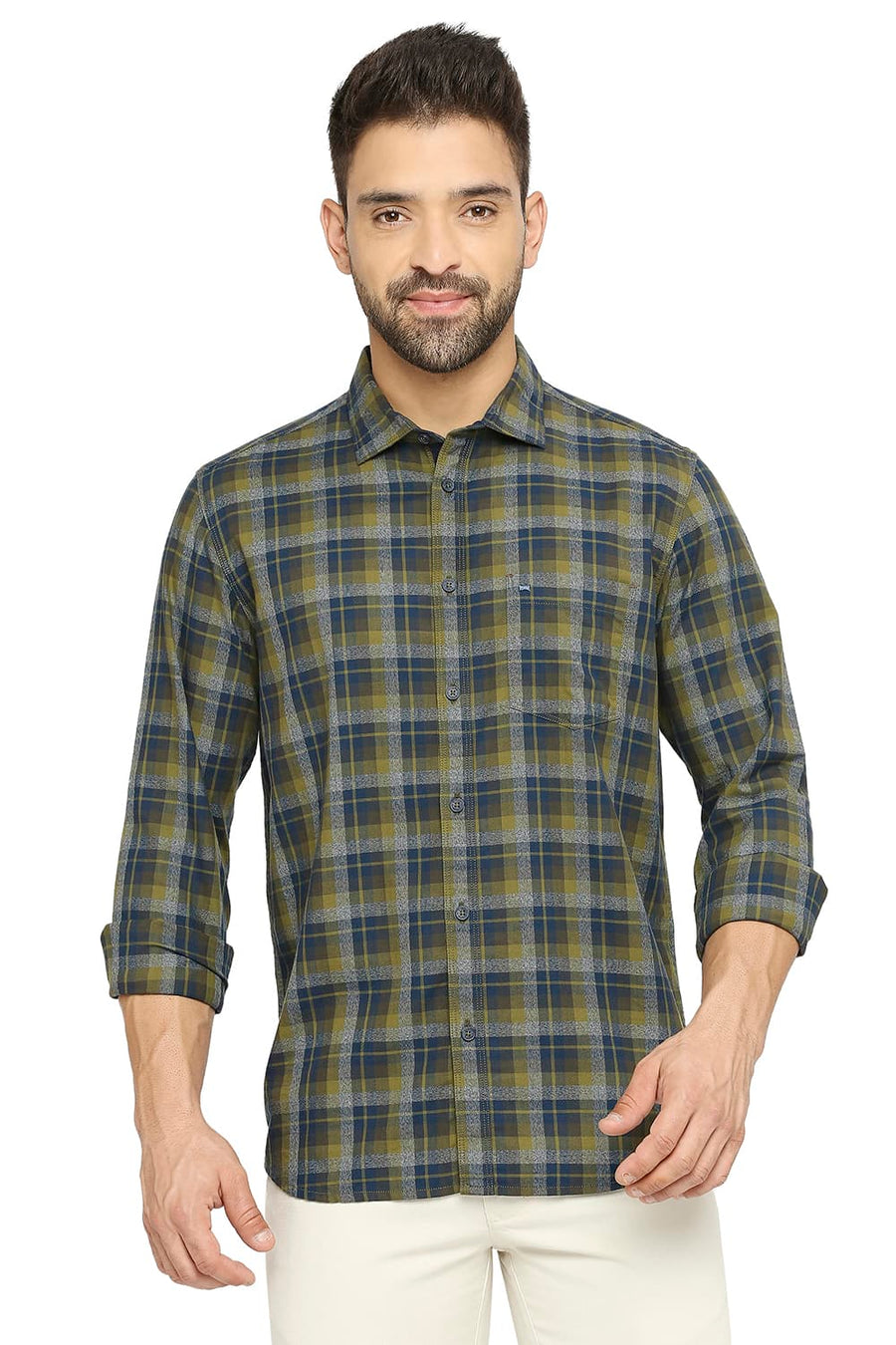 BASICS SLIM FIT LICHEN OLIVE COTTON TWILL CHECKS SHIRT