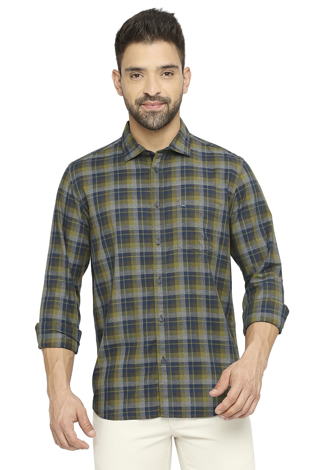 BASICS SLIM FIT COTTON TWILL CHECKS SHIRT