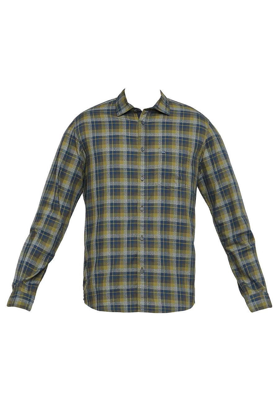 BASICS SLIM FIT LICHEN OLIVE COTTON TWILL CHECKS SHIRT
