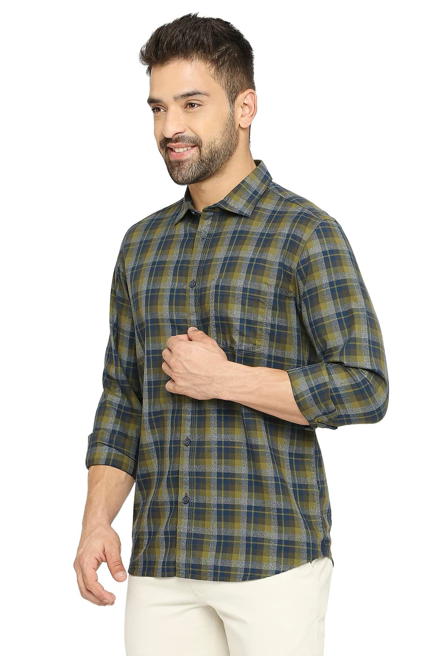 BASICS SLIM FIT LICHEN OLIVE COTTON TWILL CHECKS SHIRT