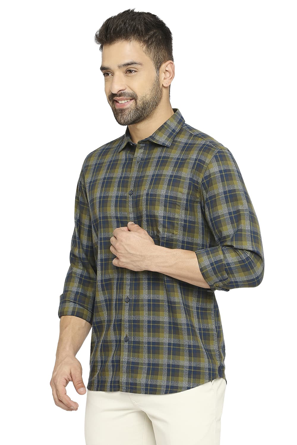 BASICS SLIM FIT COTTON TWILL CHECKS SHIRT