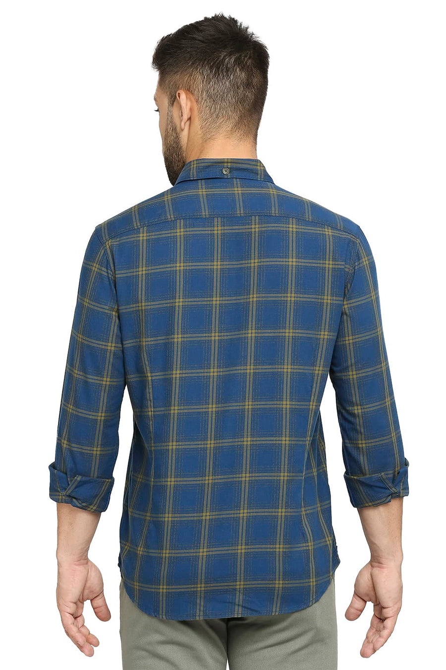 BASICS SLIM FIT CELESTIAL NAVY COTTON TWILL CHECKS SHIRT