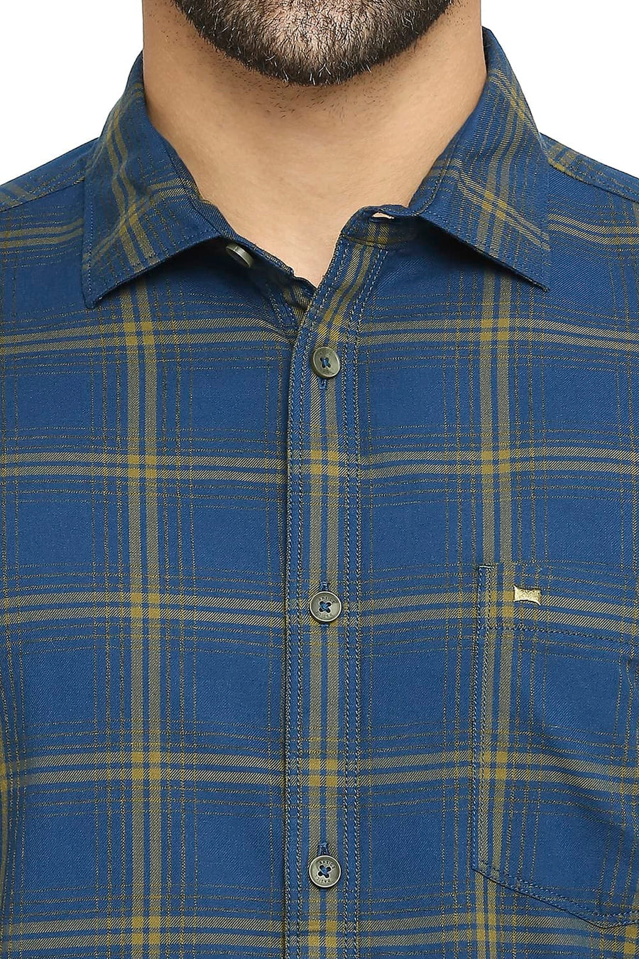 BASICS SLIM FIT CELESTIAL NAVY COTTON TWILL CHECKS SHIRT