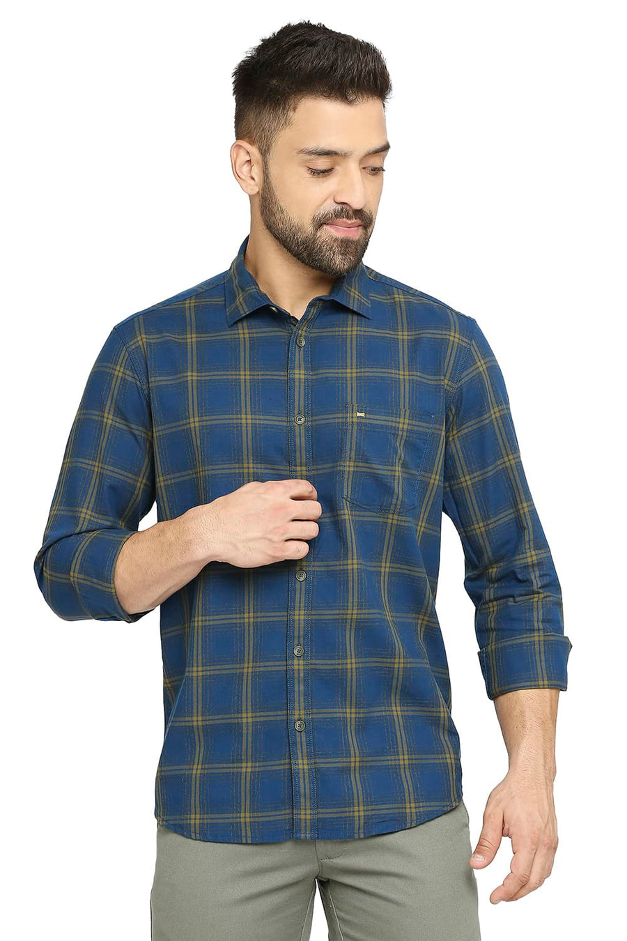 BASICS SLIM FIT CELESTIAL NAVY COTTON TWILL CHECKS SHIRT