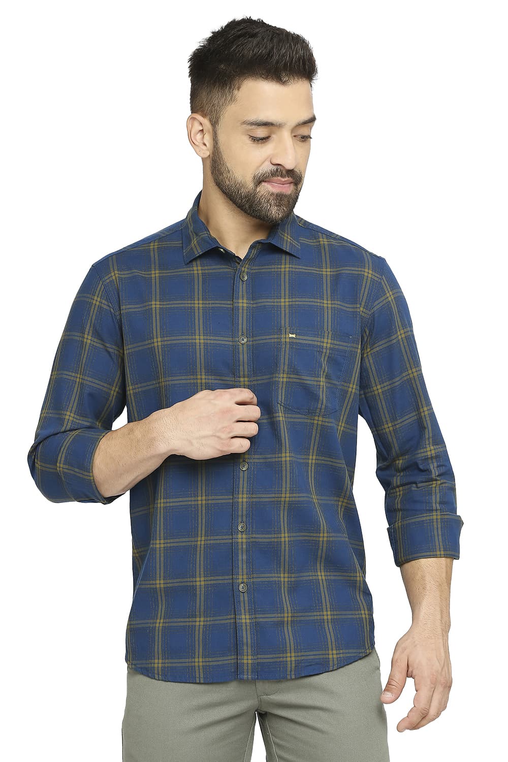 BASICS SLIM FIT COTTON TWILL CHECKS SHIRT