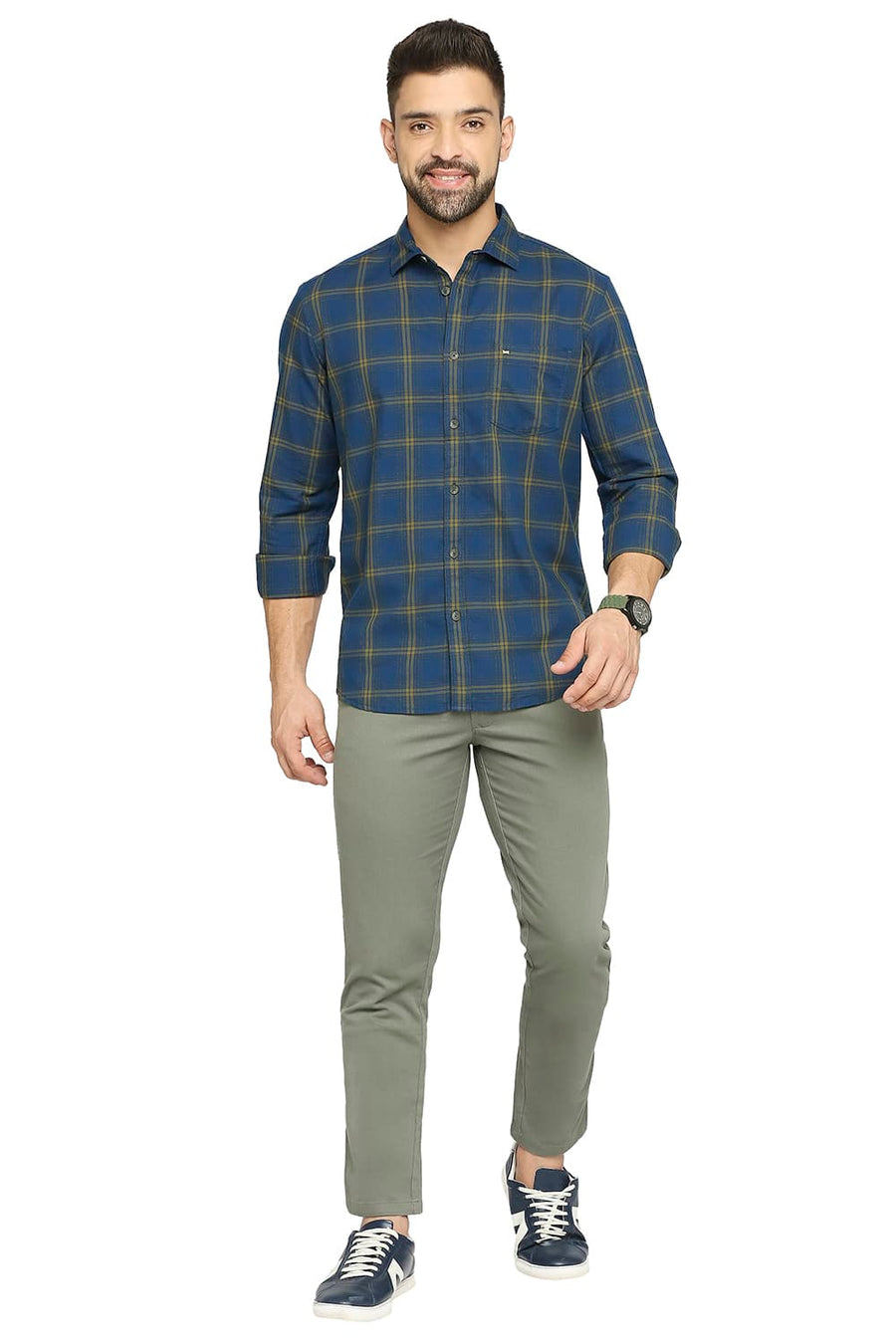 BASICS SLIM FIT CELESTIAL NAVY COTTON TWILL CHECKS SHIRT