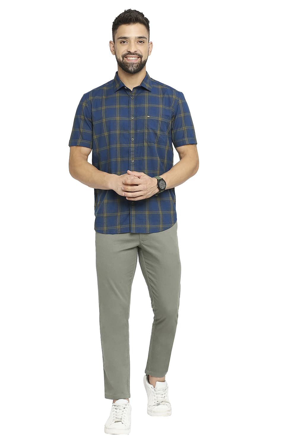 BASICS SLIM FIT COTTON TWILL CHECKS HALFSLEEVES SHIRT