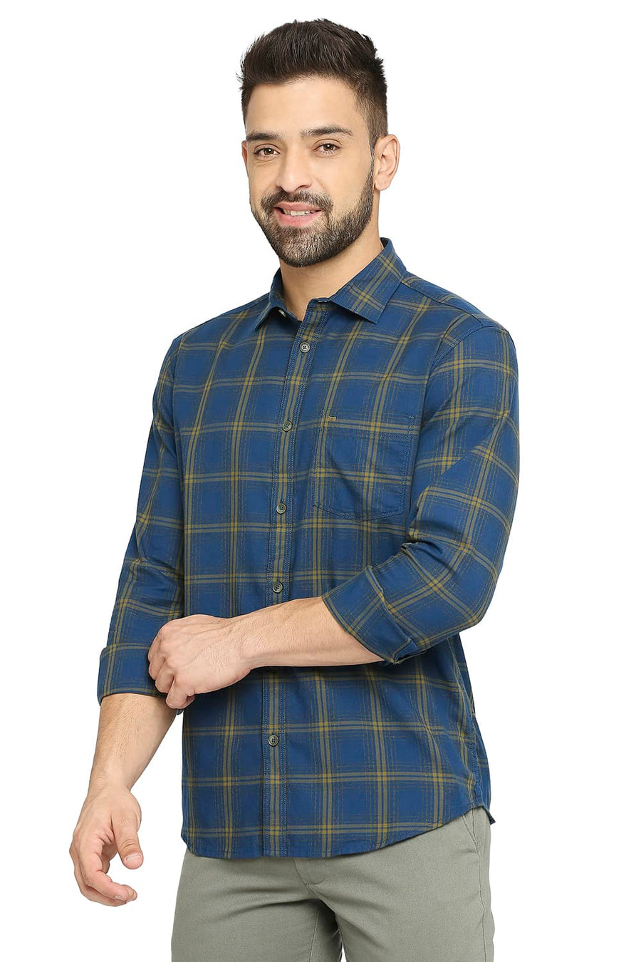 BASICS SLIM FIT CELESTIAL NAVY COTTON TWILL CHECKS SHIRT