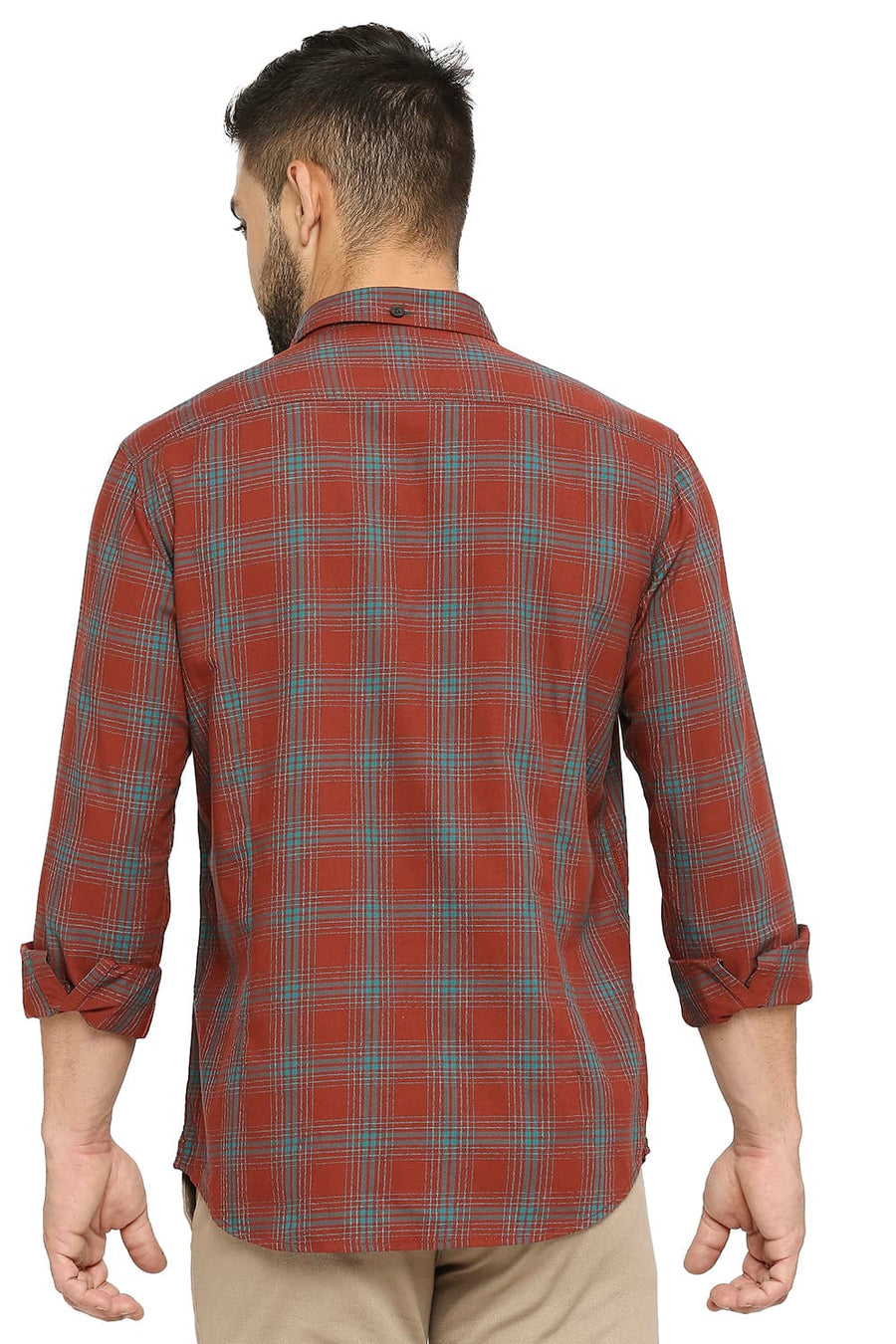 BASICS SLIM FIT AUBURN MAROON COTTON TWILL CHECKS SHIRT