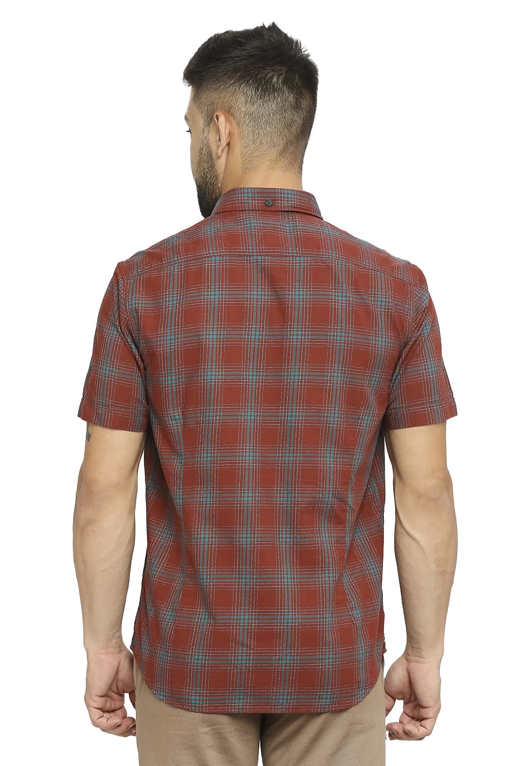 BASICS SLIM FIT COTTON TWILL CHECKS HALFSLEEVES SHIRT