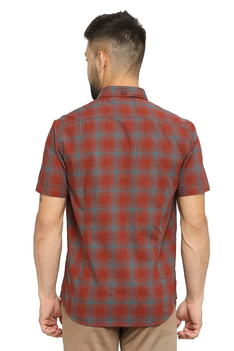 BASICS SLIM FIT COTTON TWILL CHECKS HALFSLEEVES SHIRT