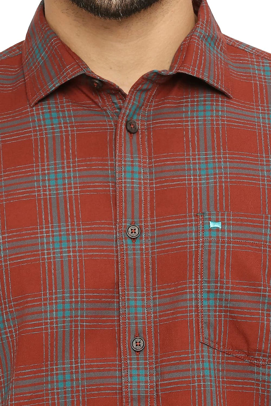 BASICS SLIM FIT AUBURN MAROON COTTON TWILL CHECKS SHIRT