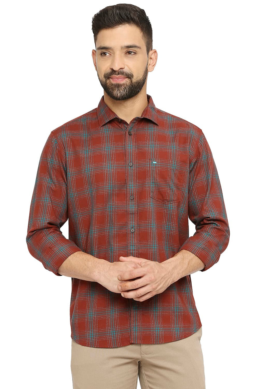 BASICS SLIM FIT AUBURN MAROON COTTON TWILL CHECKS SHIRT