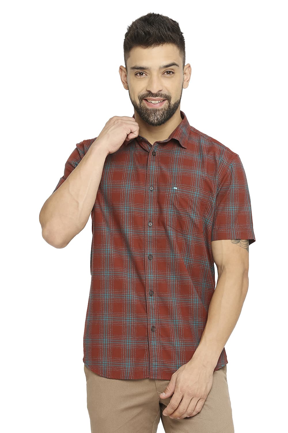 BASICS SLIM FIT COTTON TWILL CHECKS HALFSLEEVES SHIRT