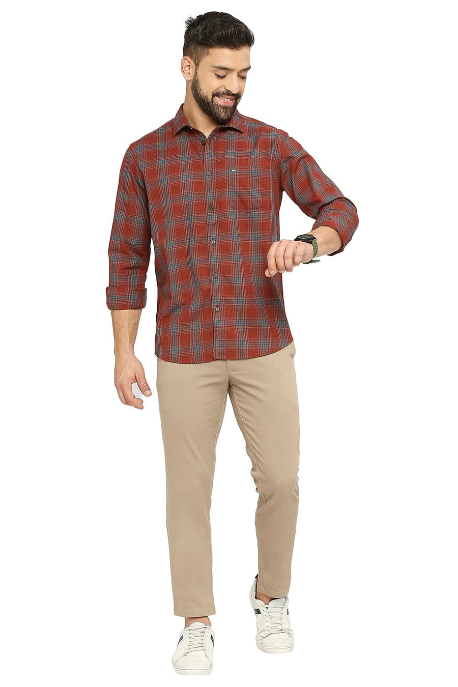 BASICS SLIM FIT AUBURN MAROON COTTON TWILL CHECKS SHIRT