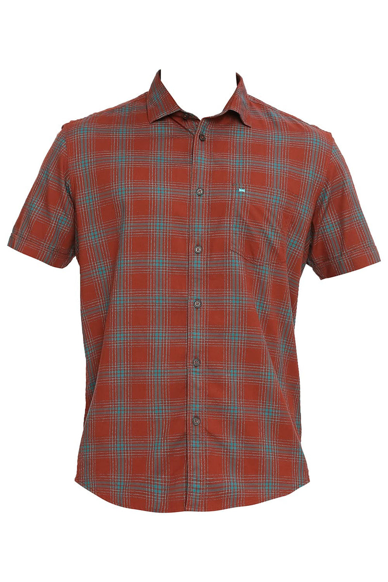 BASICS SLIM FIT COTTON TWILL CHECKS HALFSLEEVES SHIRT