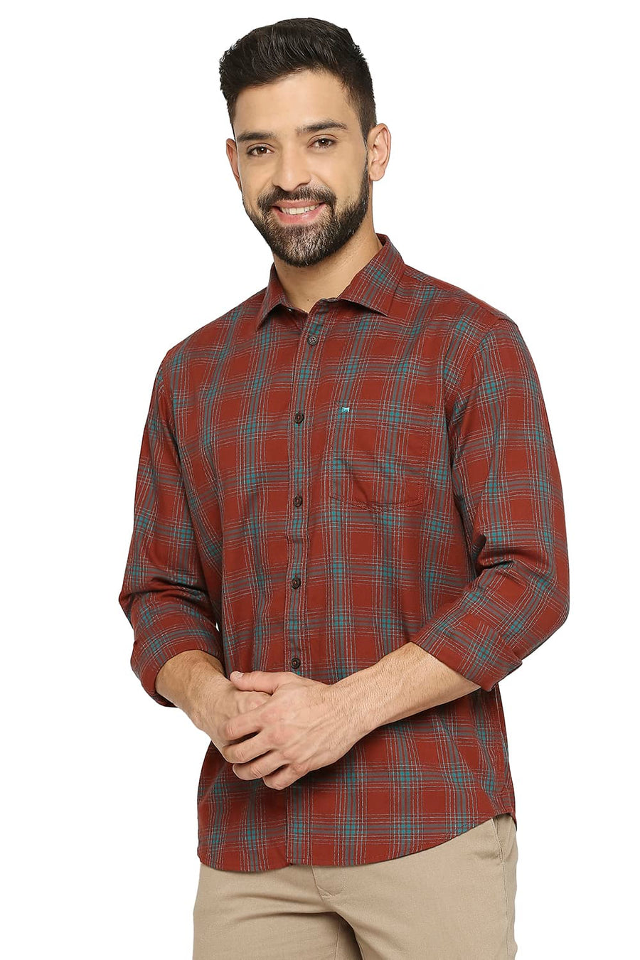 BASICS SLIM FIT AUBURN MAROON COTTON TWILL CHECKS SHIRT