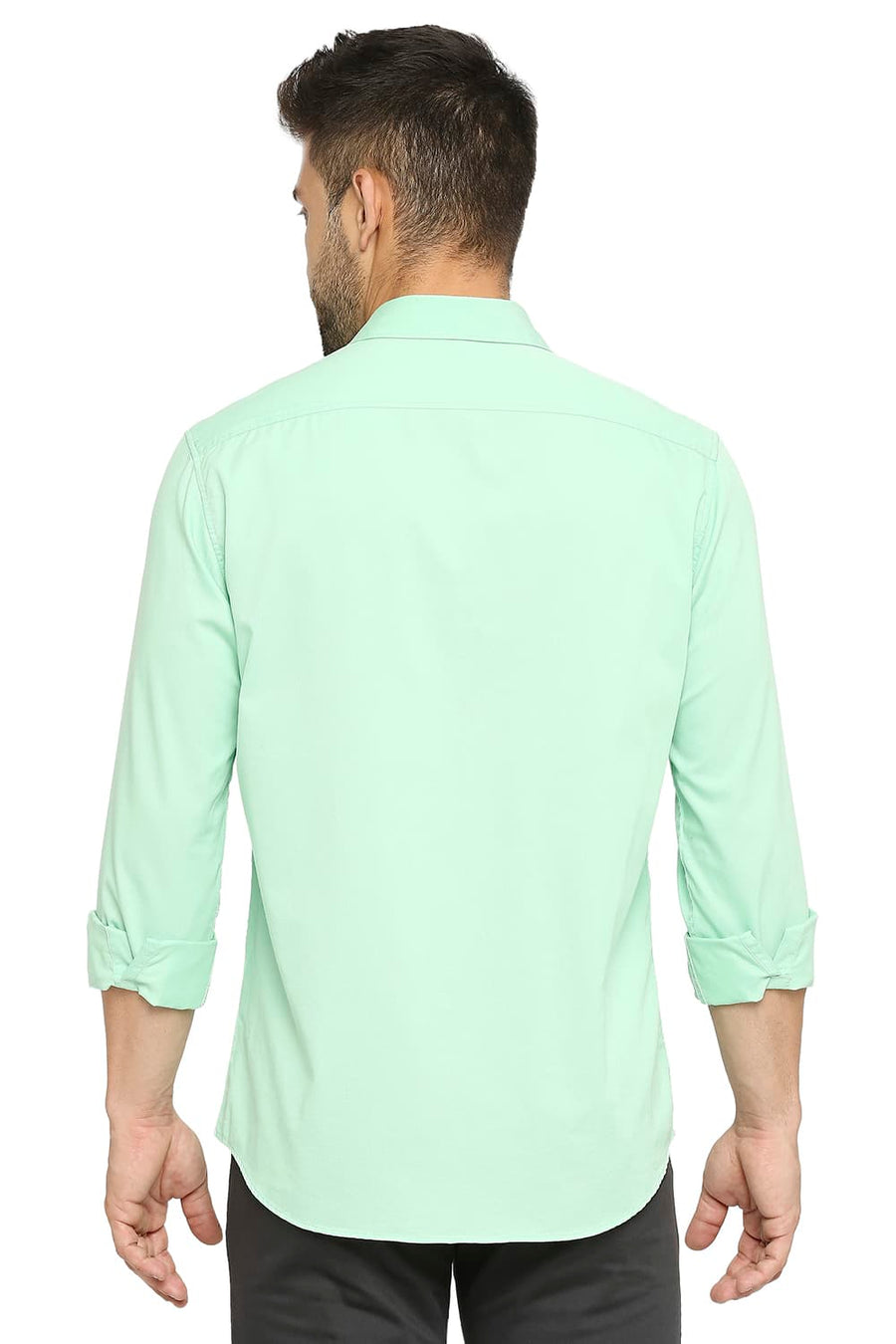 BASICS SLIM FIT HEMLOCK GREEN COTTON POLYESTER CAVALARY TWILL SHIRT