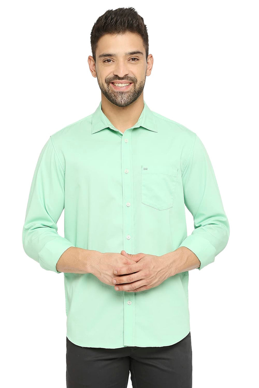 BASICS SLIM FIT HEMLOCK GREEN COTTON POLYESTER CAVALARY TWILL SHIRT