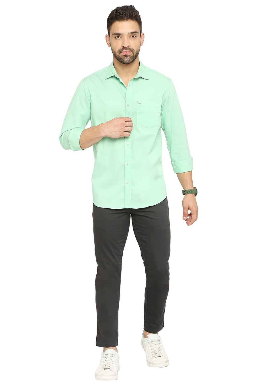 BASICS SLIM FIT HEMLOCK GREEN COTTON POLYESTER CAVALARY TWILL SHIRT