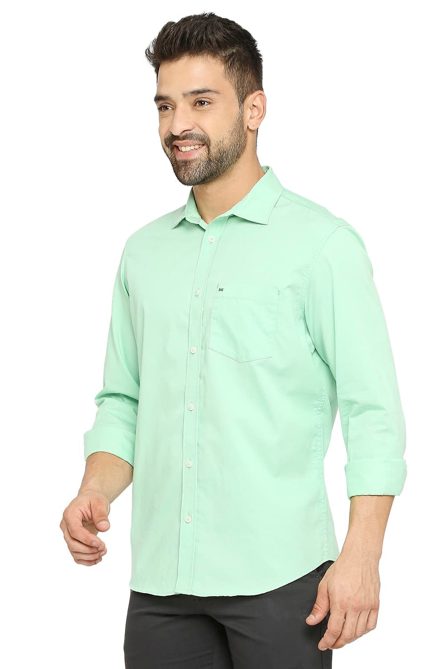 BASICS SLIM FIT HEMLOCK GREEN COTTON POLYESTER CAVALARY TWILL SHIRT