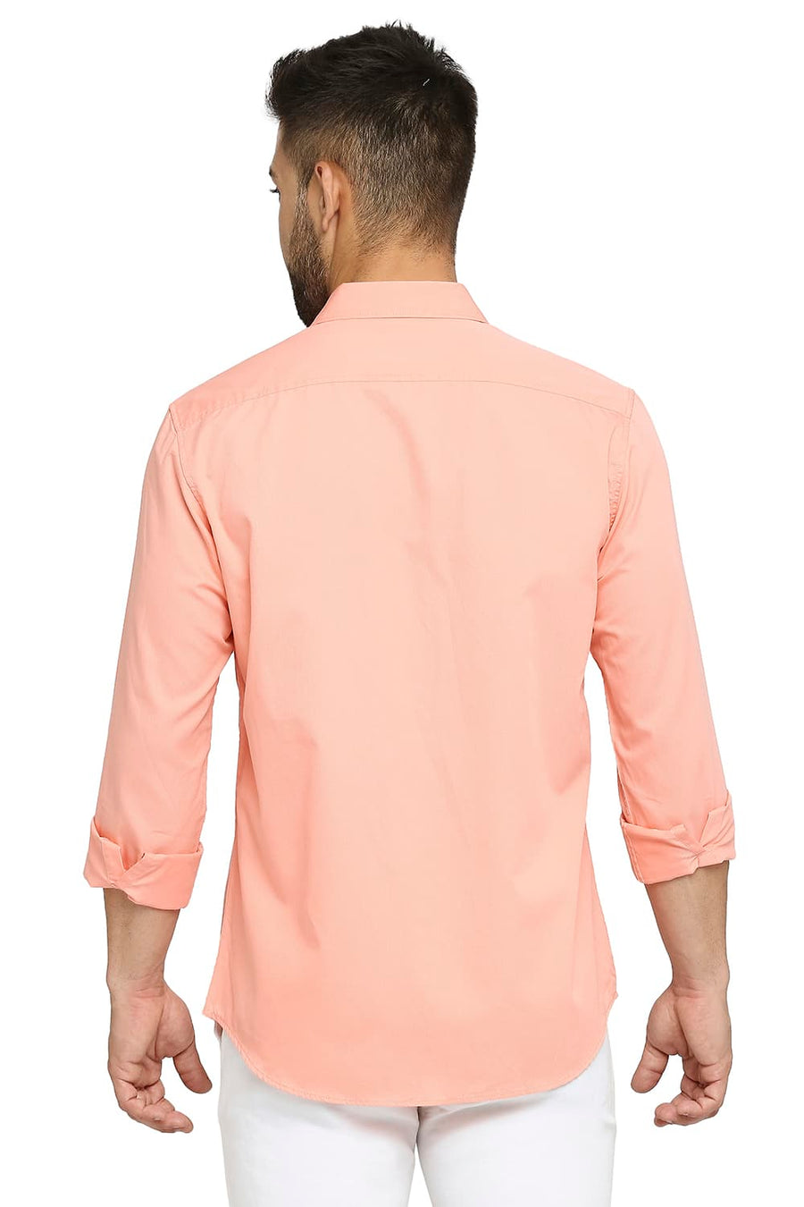 BASICS SLIM FIT PEACH MELBA COTTON POLYESTER CAVALARY TWILL SHIRT