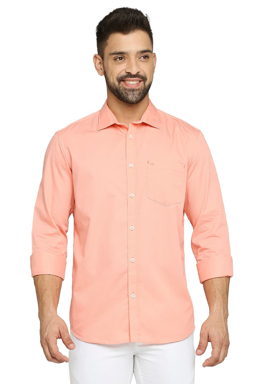 BASICS SLIM FIT PEACH MELBA COTTON POLYESTER CAVALARY TWILL SHIRT