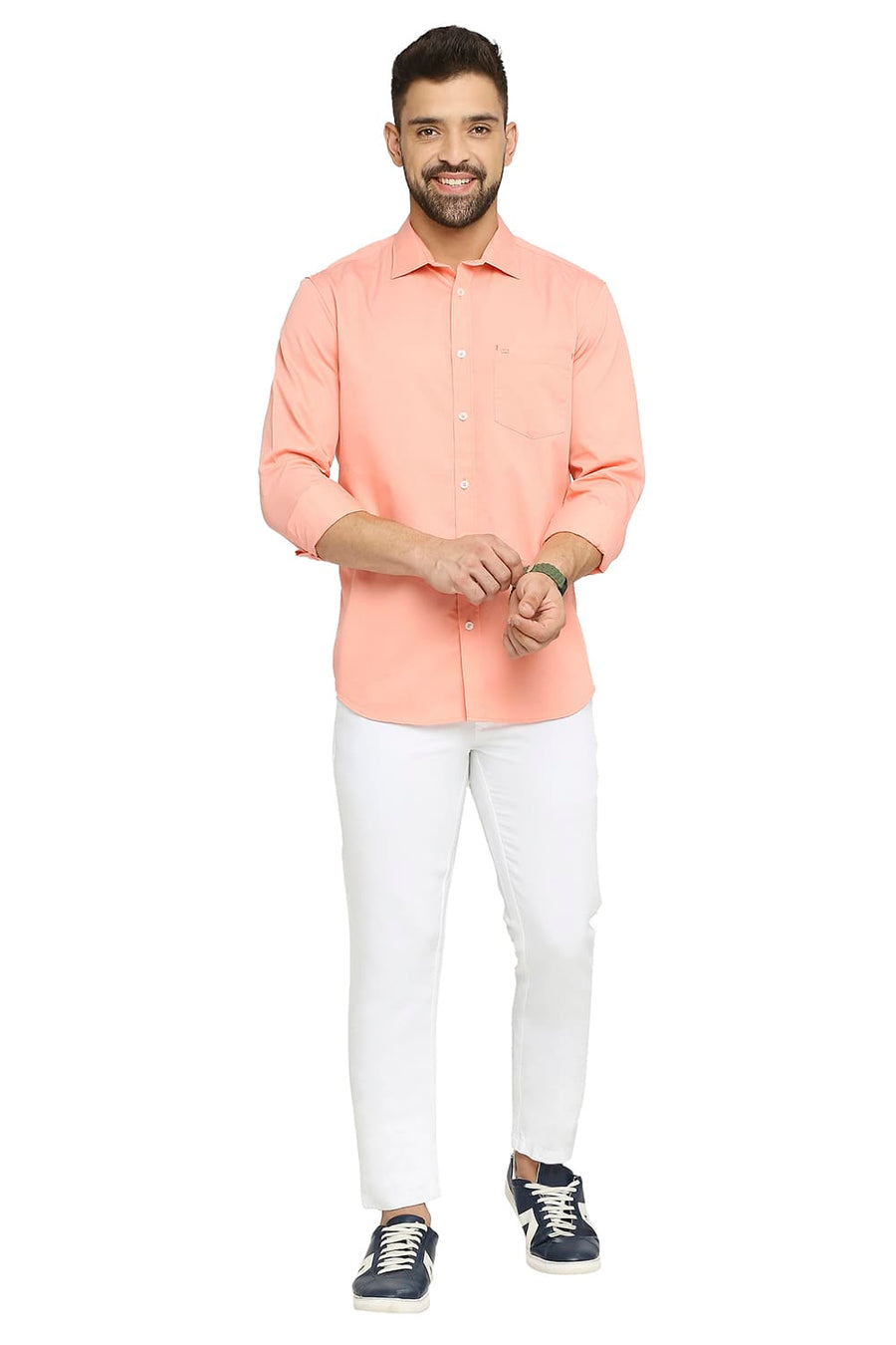 BASICS SLIM FIT PEACH MELBA COTTON POLYESTER CAVALARY TWILL SHIRT