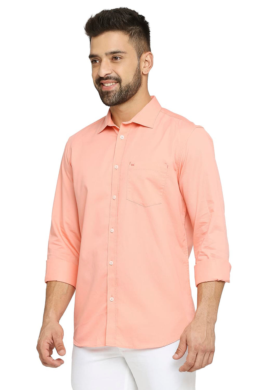BASICS SLIM FIT PEACH MELBA COTTON POLYESTER CAVALARY TWILL SHIRT