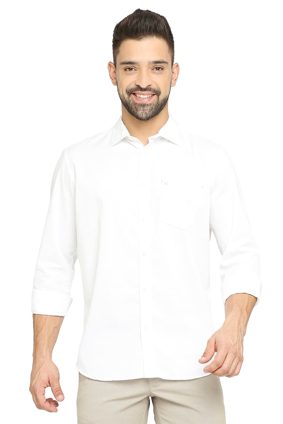 BASICS SLIM FIT BRIGHT WHITE COTTON POLYESTER CAVALARY TWILL SHIRT