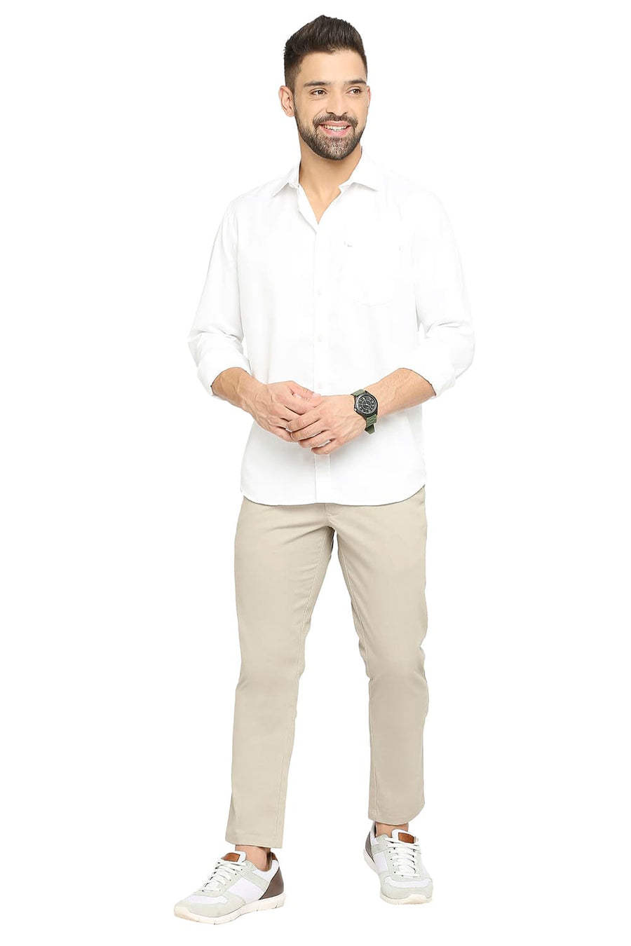 BASICS SLIM FIT BRIGHT WHITE COTTON POLYESTER CAVALARY TWILL SHIRT