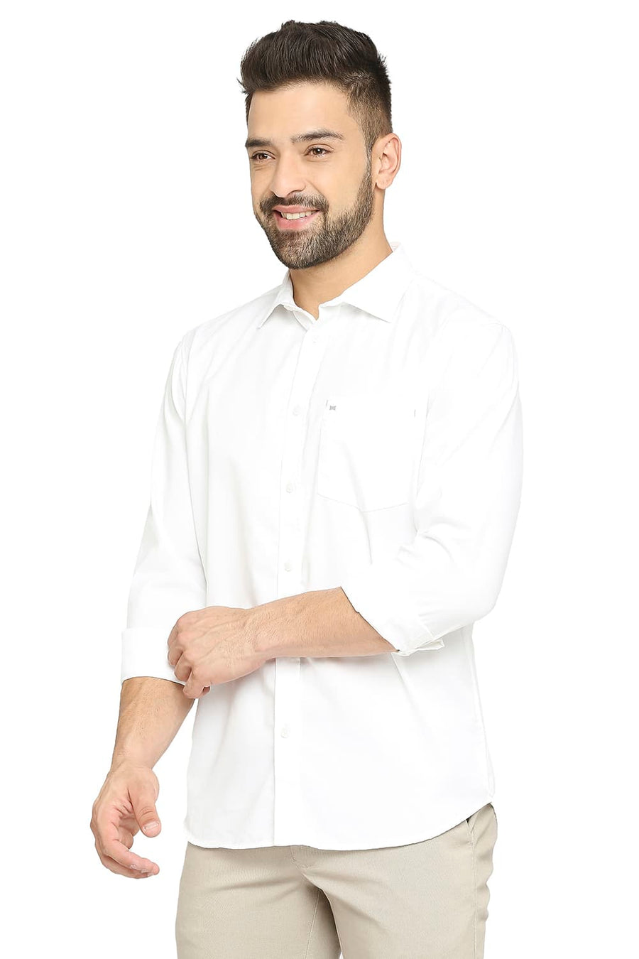 BASICS SLIM FIT BRIGHT WHITE COTTON POLYESTER CAVALARY TWILL SHIRT