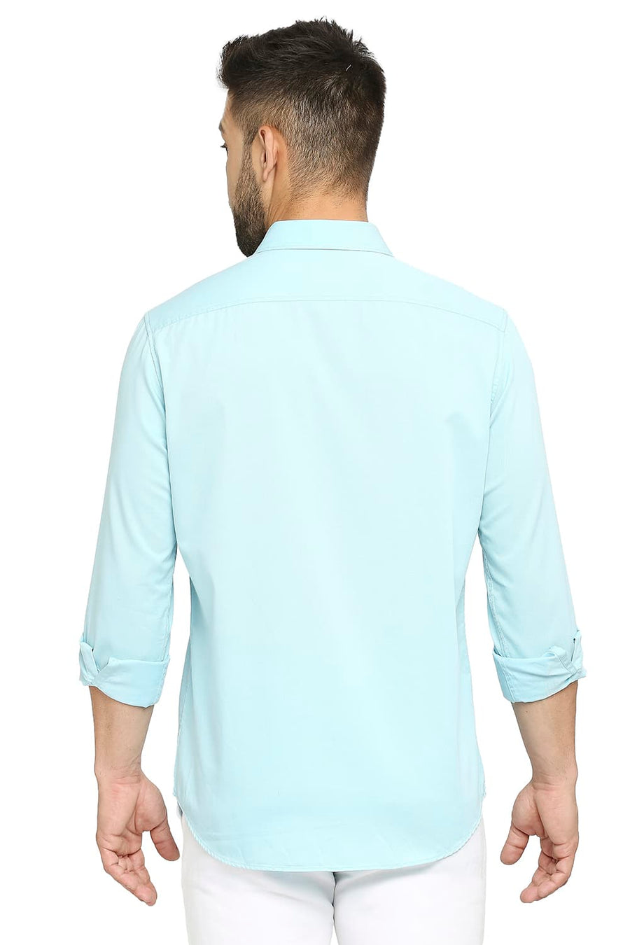 BASICS SLIM FIT ICEO BLUE COTTON POLYESTER CAVALARY TWILL SHIRT