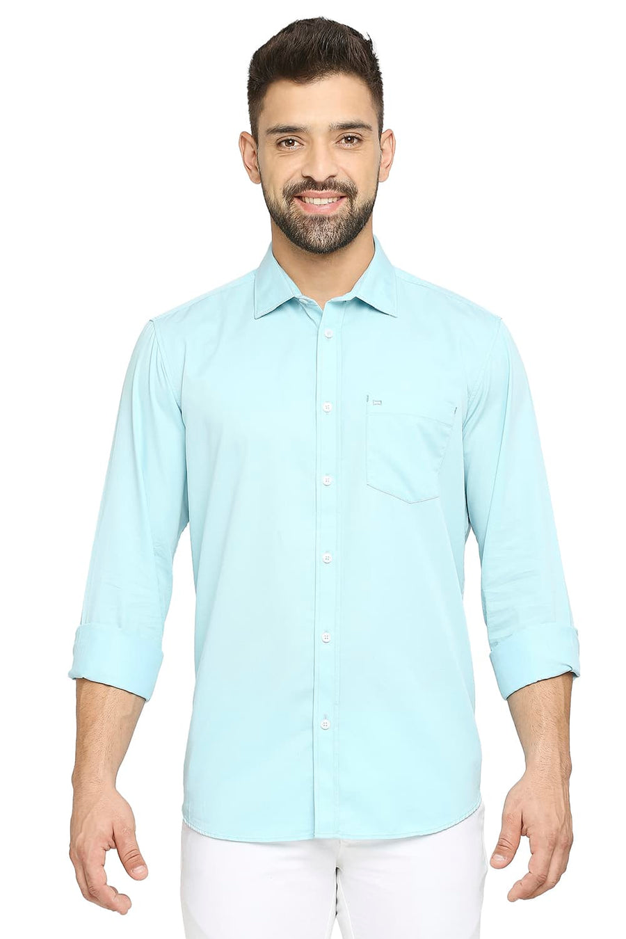 BASICS SLIM FIT ICEO BLUE COTTON POLYESTER CAVALARY TWILL SHIRT