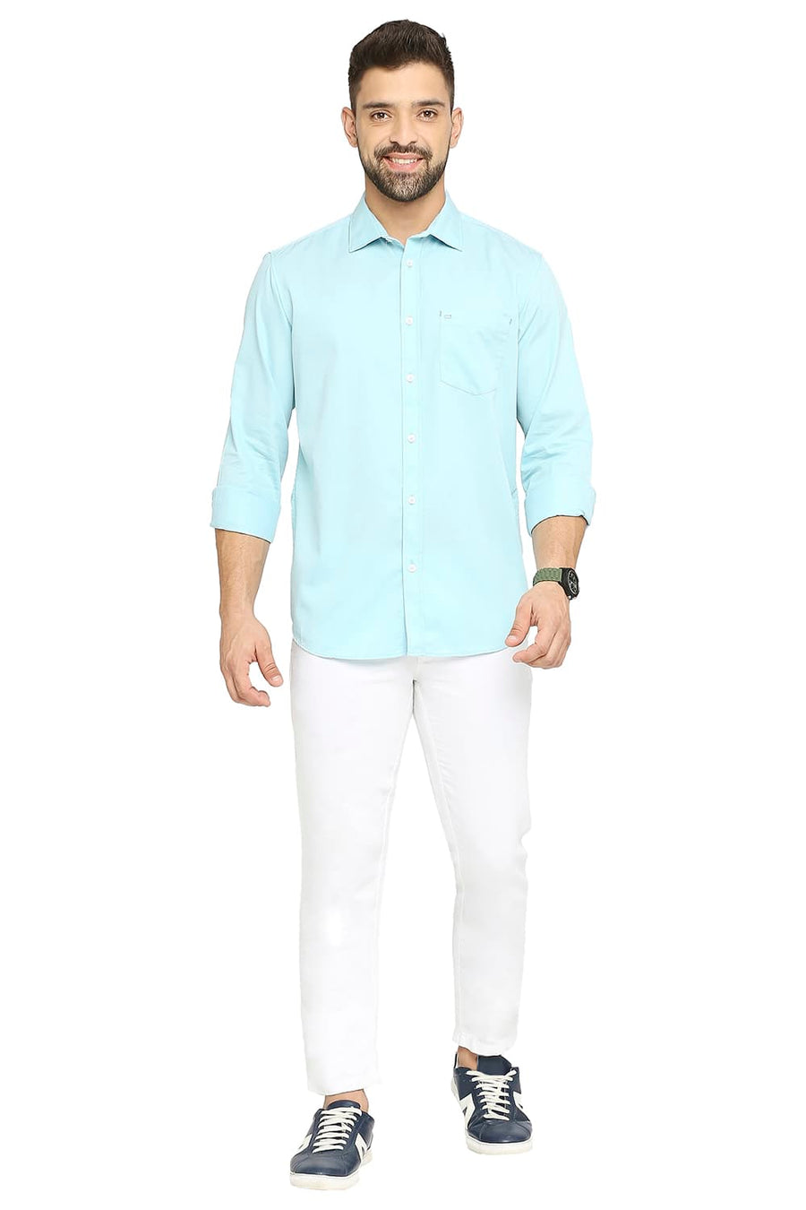 BASICS SLIM FIT ICEO BLUE COTTON POLYESTER CAVALARY TWILL SHIRT