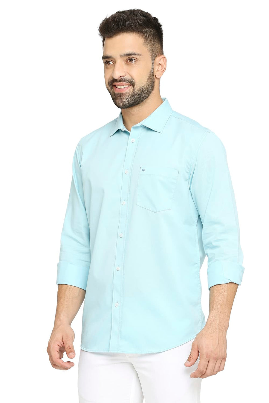 BASICS SLIM FIT ICEO BLUE COTTON POLYESTER CAVALARY TWILL SHIRT