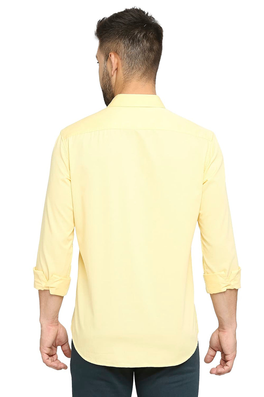 BASICS SLIM FIT RATTAN YELLOW COTTON POLYESTER CAVALARY TWILL SHIRT