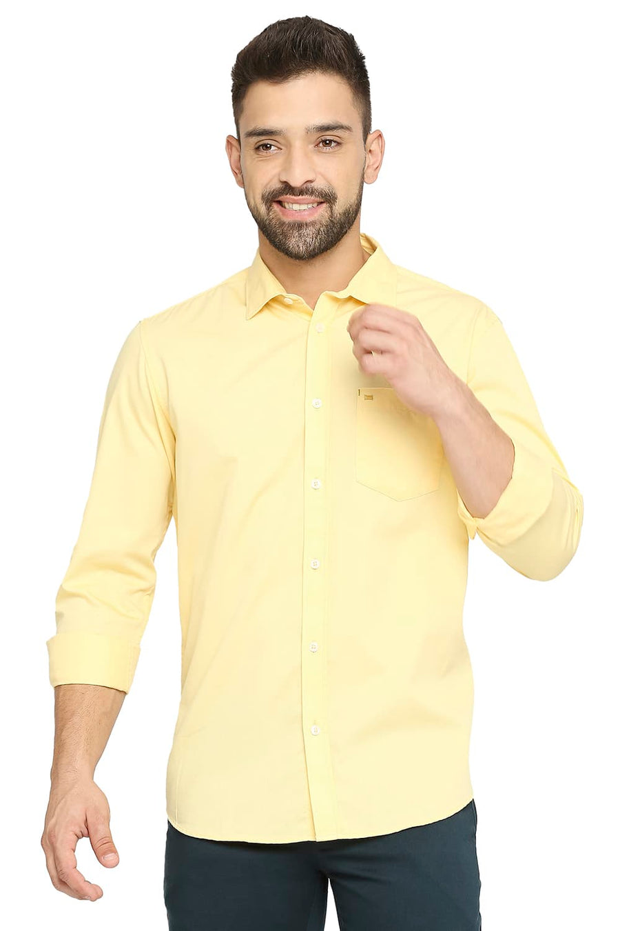 BASICS SLIM FIT RATTAN YELLOW COTTON POLYESTER CAVALARY TWILL SHIRT