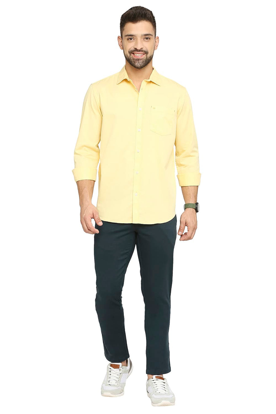 BASICS SLIM FIT RATTAN YELLOW COTTON POLYESTER CAVALARY TWILL SHIRT