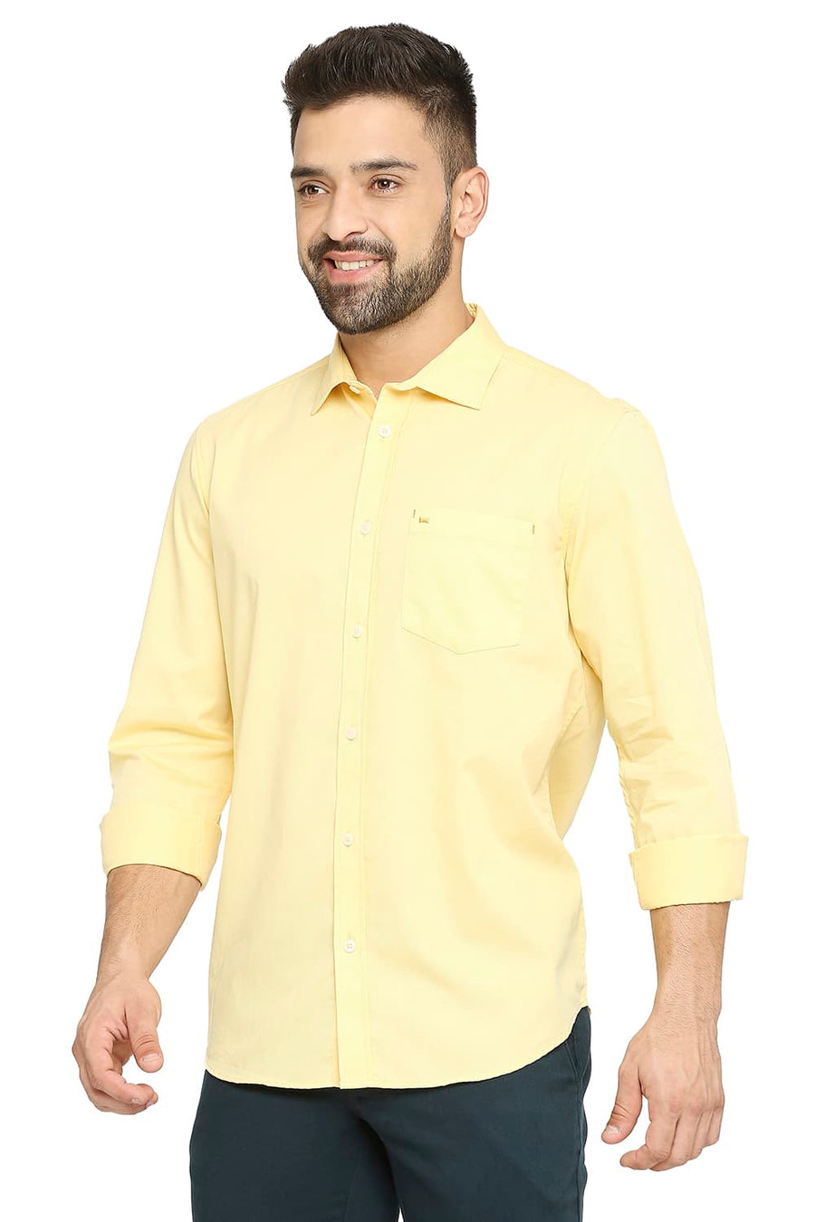 BASICS SLIM FIT RATTAN YELLOW COTTON POLYESTER CAVALARY TWILL SHIRT